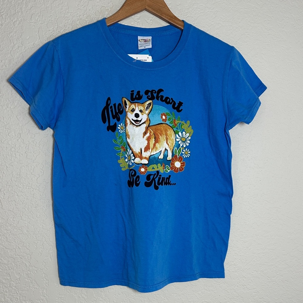 NEW Crazy Shirts Hawaiian T-Shirt Blue Corgi Dog Graphic Life is Short Women’s